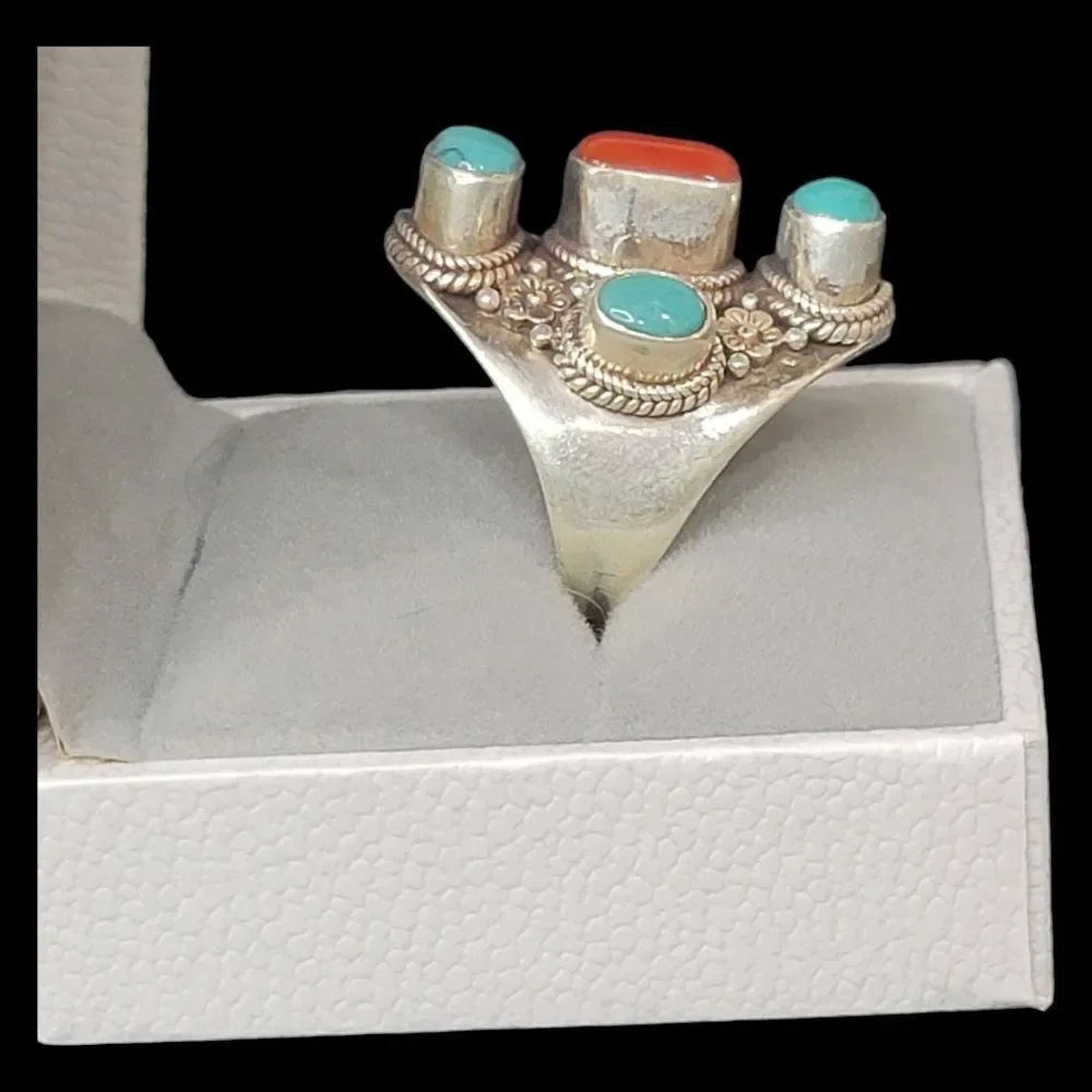 Heavy Native‎ American Turquoise Coral Sterling Silver Ring 9 Adjustable 13.27g